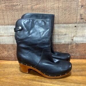 UGG Womens 9 Black Leather Sheepskin Lined Pull On Ankle Boots 1958 Clog Heel